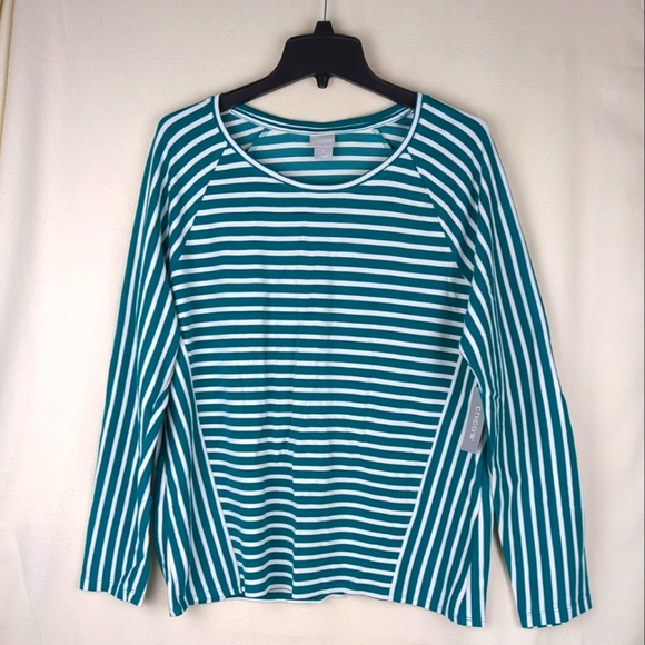 Chicos 2 (US Size L) White & Green Striped Top Women's Shirt Long Sleeve - Picture 1 of 12